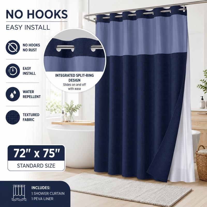 Pattern Shower Curtain - No Hook Snap-in Liner, Fabric Waterproof Inner & Washable White Outer Cloth, Modern Bathroom Accessory for Home/Hotel/Salon/Dorm, 72x75 Inch