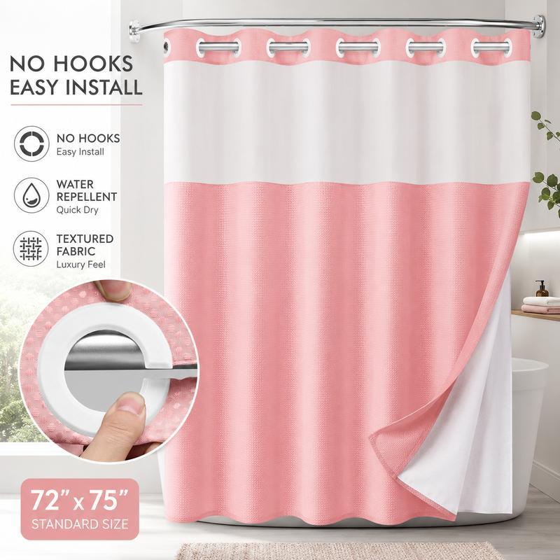 Pattern Shower Curtain - No Hook Snap-in Liner, Fabric Waterproof Inner & Washable White Outer Cloth, Modern Bathroom Accessory for Home/Hotel/Salon/Dorm, 72x75 Inch