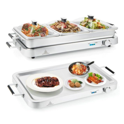 Servidores y calentadores de buffet, bandeja calentadora eléctrica 2 en 1, recipiente para mantener la comida caliente de acero inoxidable con control de temperatura, 3 bandejas para servir, estación de calentamiento de alimentos de 4.5/8 cuartos para fie