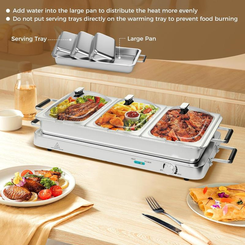 Servidores y calentadores de buffet, bandeja calentadora eléctrica 2 en 1, recipiente para mantener la comida caliente de acero inoxidable con control de temperatura, 3 bandejas para servir, estación de calentamiento de alimentos de 4.5/8 cuartos para fie