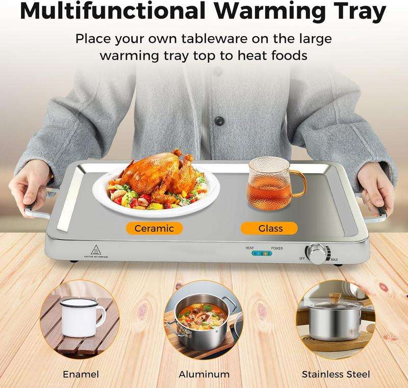 Servidores y calentadores de buffet, bandeja calentadora eléctrica 2 en 1, recipiente para mantener la comida caliente de acero inoxidable con control de temperatura, 3 bandejas para servir, estación de calentamiento de alimentos de 4.5/8 cuartos para fie