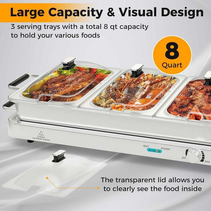 Servidores y calentadores de buffet, bandeja calentadora eléctrica 2 en 1, recipiente para mantener la comida caliente de acero inoxidable con control de temperatura, 3 bandejas para servir, estación de calentamiento de alimentos de 4.5/8 cuartos para fie