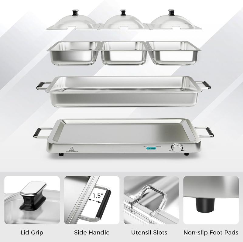 Servidores y calentadores de buffet, bandeja calentadora eléctrica 2 en 1, recipiente para mantener la comida caliente de acero inoxidable con control de temperatura, 3 bandejas para servir, estación de calentamiento de alimentos de 4.5/8 cuartos para fie