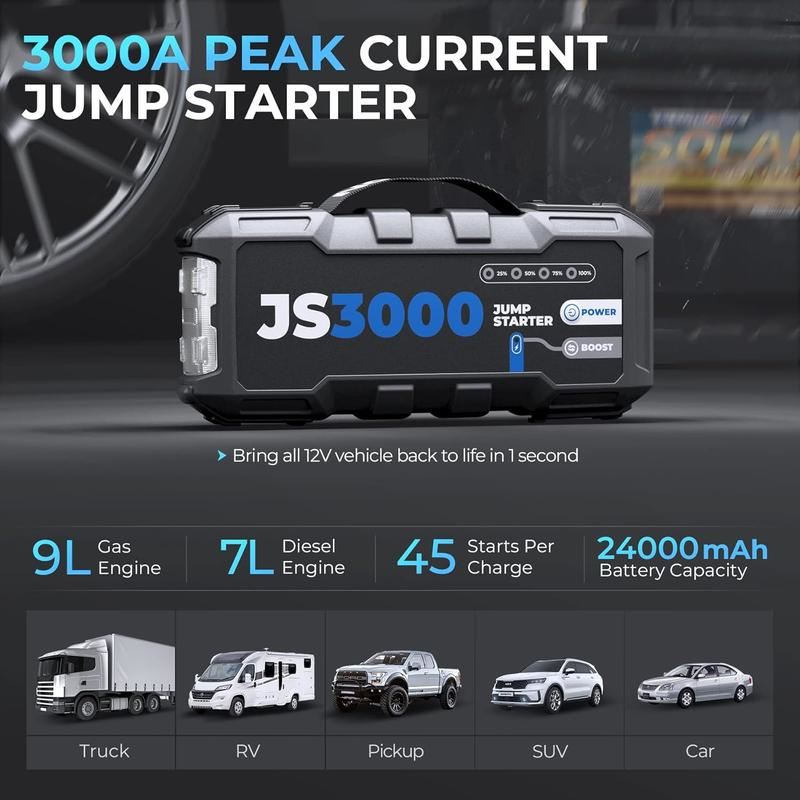 Booster Batterie, Demarreur Batterie Voiture 3000A/24000mAh Jump Starter Moteurs Diesel Jusqu'à 9 L et 7 L, Charge Rapide USB Lampe Poche LED intégrée