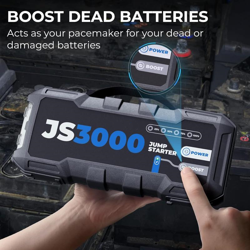 Booster Batterie, Demarreur Batterie Voiture 3000A/24000mAh Jump Starter Moteurs Diesel Jusqu'à 9 L et 7 L, Charge Rapide USB Lampe Poche LED intégrée