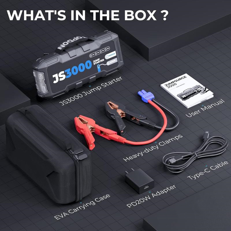 Booster Batterie, Demarreur Batterie Voiture 3000A/24000mAh Jump Starter Moteurs Diesel Jusqu'à 9 L et 7 L, Charge Rapide USB Lampe Poche LED intégrée