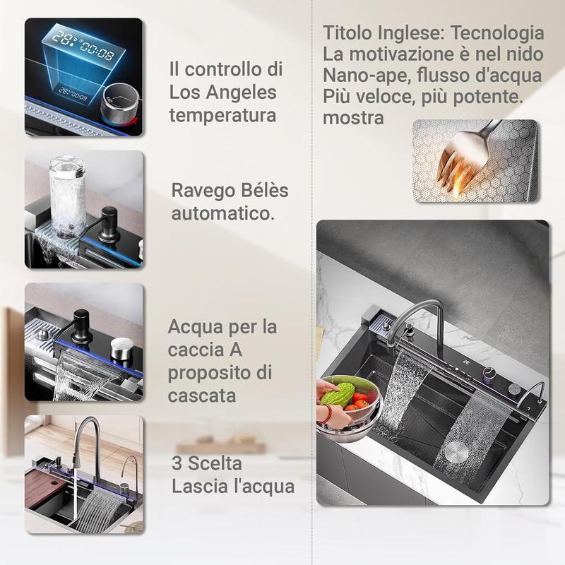 Cet évier de cuisine haut de gamme en acier inoxydable, doté d'un robinet à effet cascade, est idéal pour les cuisines exigeantes. Il comprend un jet de nettoyage haute pression, une planche à découper et un égouttoir, apportant ainsi une touche d'excepti