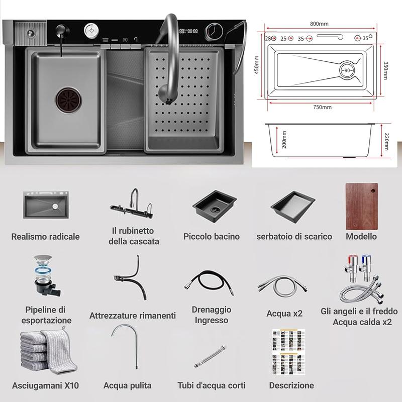Cet évier de cuisine haut de gamme en acier inoxydable, doté d'un robinet à effet cascade, est idéal pour les cuisines exigeantes. Il comprend un jet de nettoyage haute pression, une planche à découper et un égouttoir, apportant ainsi une touche d'excepti