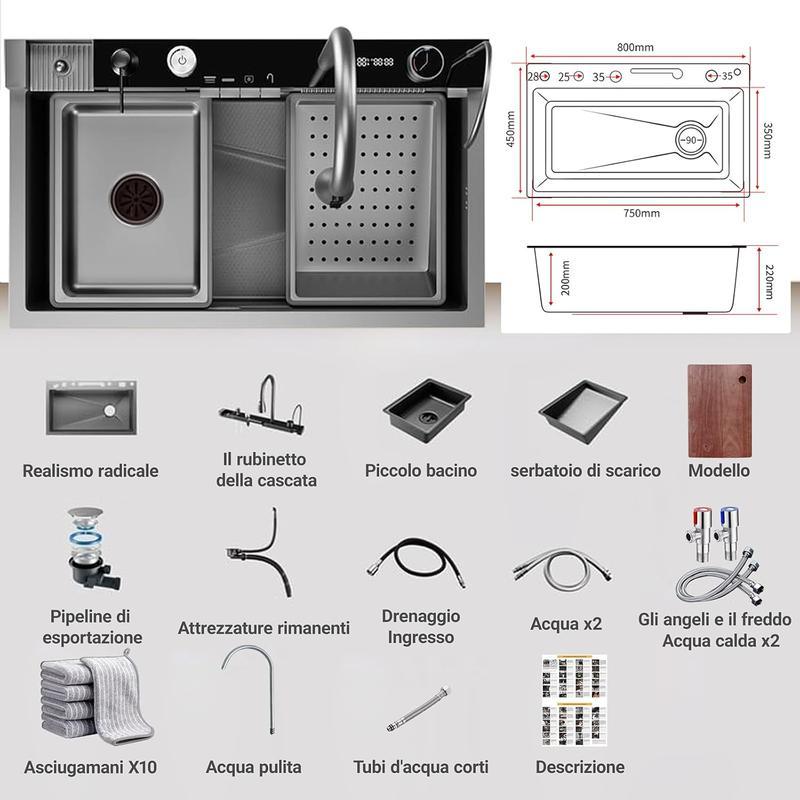 Cet évier de cuisine haut de gamme en acier inoxydable, doté d'un robinet à effet cascade, est idéal pour les cuisines exigeantes. Il comprend un jet de nettoyage haute pression, une planche à découper et un égouttoir, apportant ainsi une touche d'excepti
