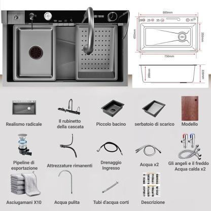 Cet évier de cuisine haut de gamme en acier inoxydable, doté d'un robinet à effet cascade, est idéal pour les cuisines exigeantes. Il comprend un jet de nettoyage haute pression, une planche à découper et un égouttoir, apportant ainsi une touche d'excepti