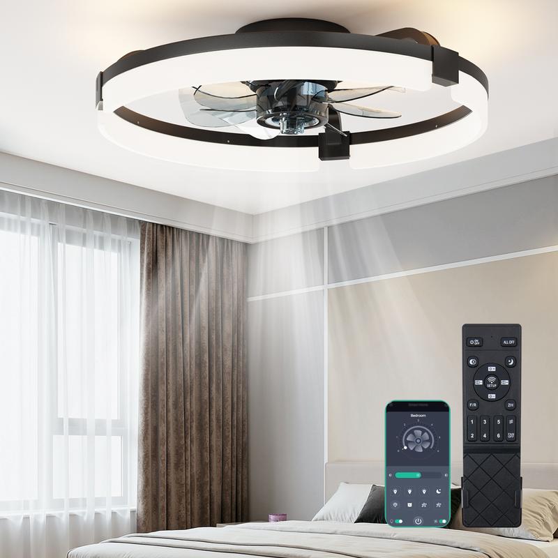 Ventiladores de techo de perfil bajo con luz y mando a distancia, ventilador-lámpara de techo de montaje empotrado, ventilador LED inteligente sin aspas con luz (3000K-6500K), ventiladores de techo modernos en color negro con luz para dormitorio.
