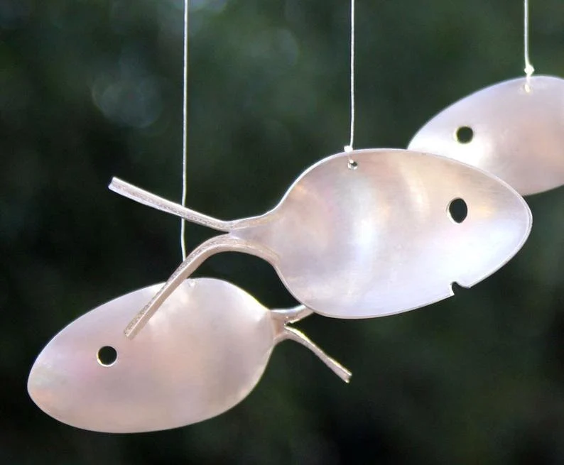 Handmade Fishing Man Spoon Fish Sculpture Wind Chime