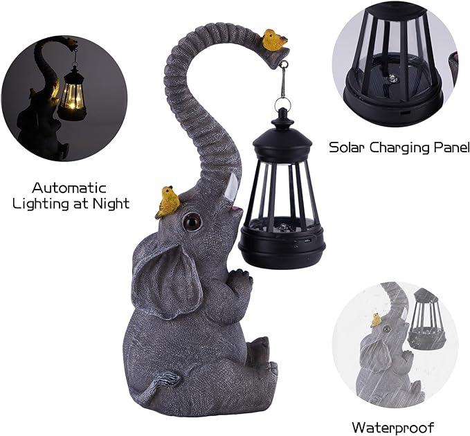Solar Outdoor Garden Statues Lights, Elephant Figurines with Cute Birds Garden Sculpture Decor