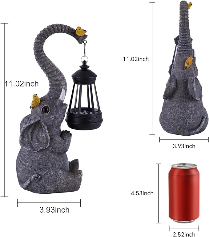 Solar Outdoor Garden Statues Lights, Elephant Figurines with Cute Birds Garden Sculpture Decor