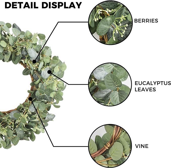 20'' Eucalyptus Wreath for Front Door-Green Decor for Home, Farmhouse 