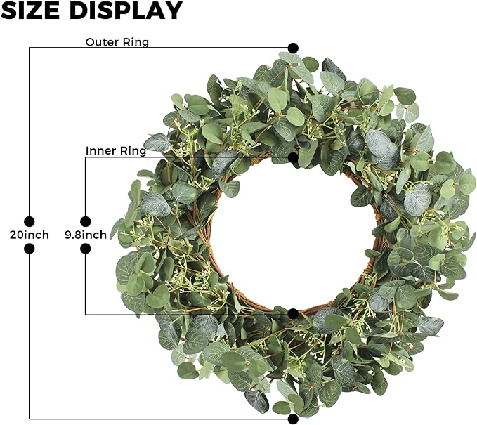20'' Eucalyptus Wreath for Front Door-Green Decor for Home, Farmhouse 