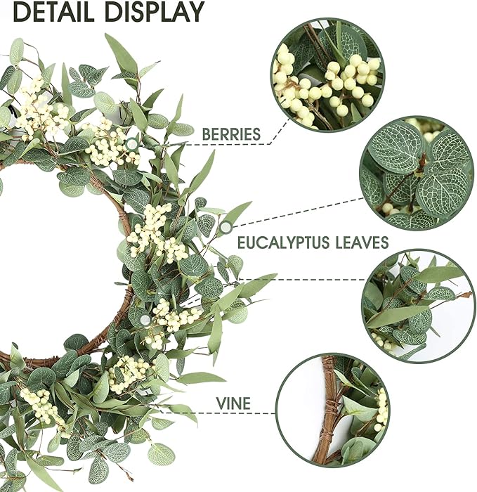 20'' Eucalyptus Wreath for Front Door-Green Decor for Home, Farmhouse 