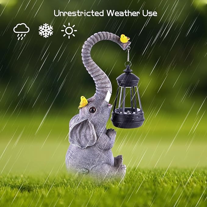 Solar Outdoor Garden Statues Lights, Elephant Figurines with Cute Birds Garden Sculpture Decor