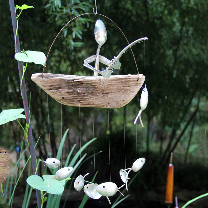 Handmade Fishing Man Spoon Fish Sculpture Wind Chime