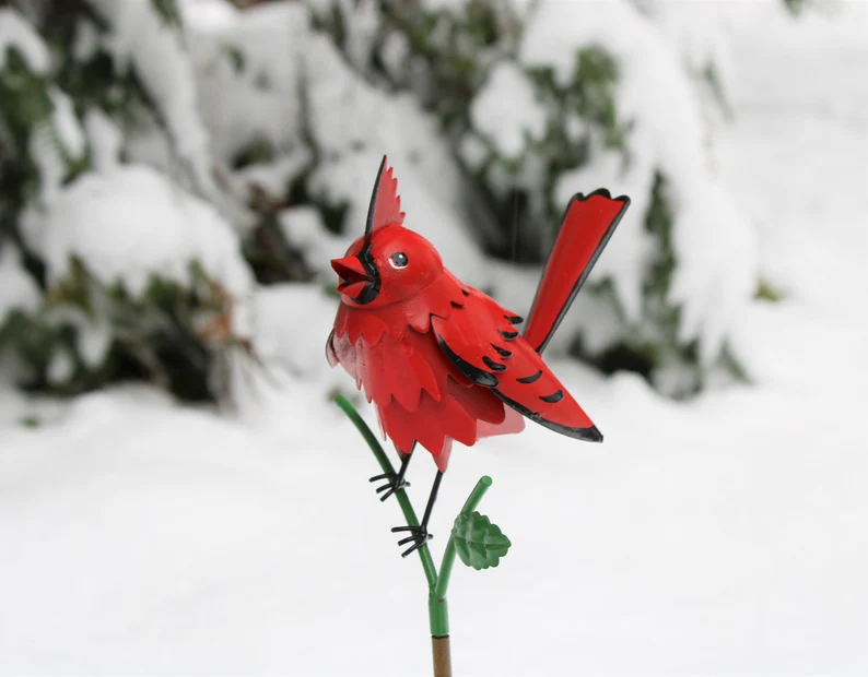 Goldfinch, Cardinal, Western Bluebird, Ruby-throated Hummingbird on a garden stake