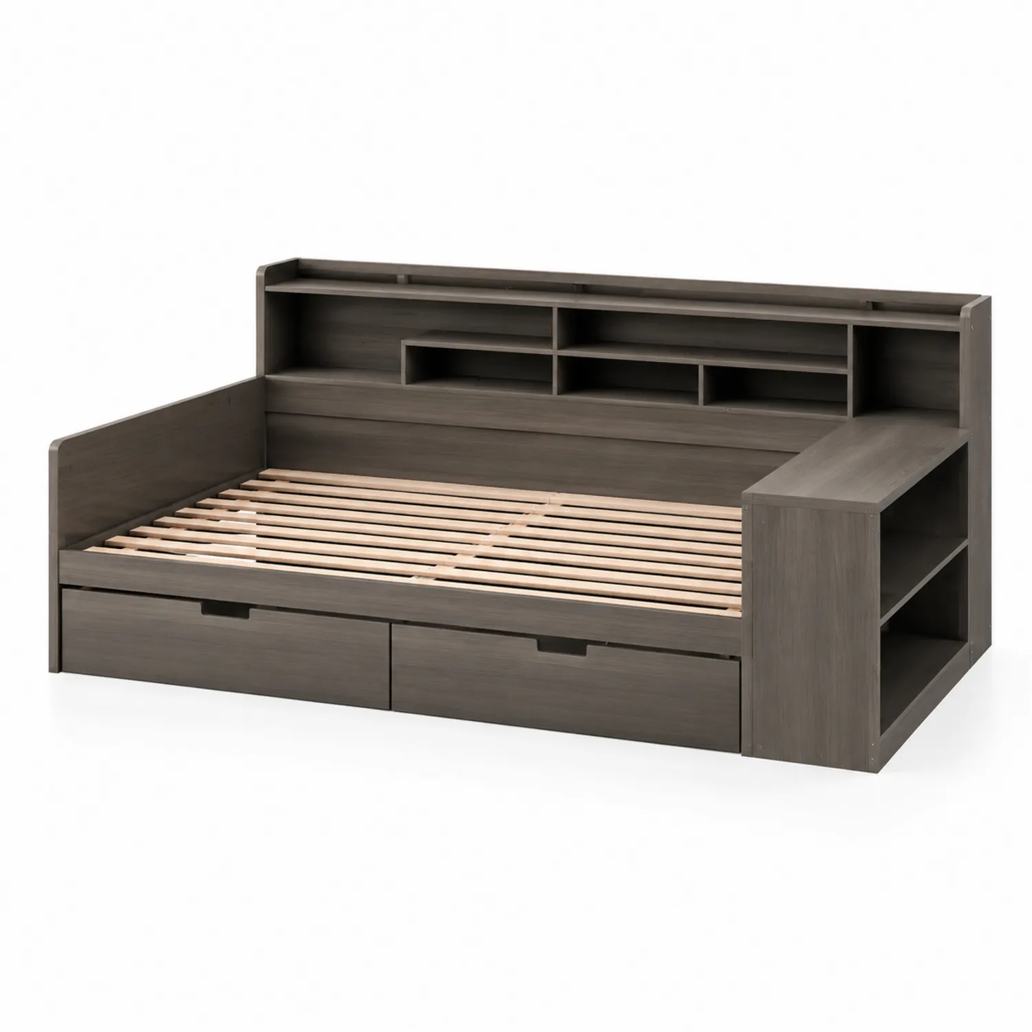 Letto Singolo in Legno di Pino con Ripiani e Cassetti Grigio