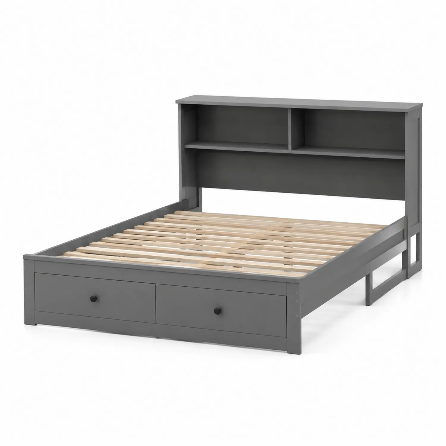 Letto matrimoniale in legno grigio con scaffali e cassetti
