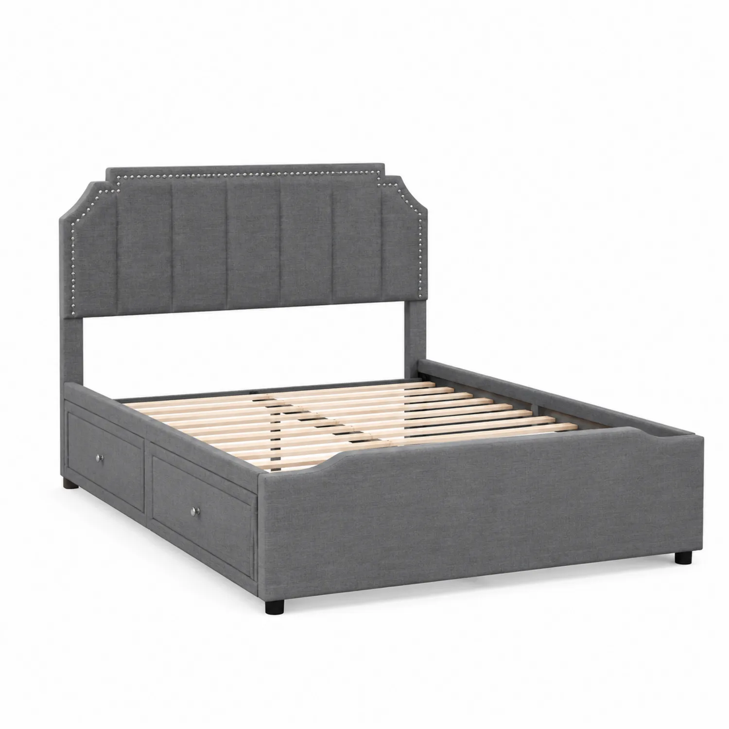 Letto matrimoniale in tessuto grigio con testiera imbottita e cassetti