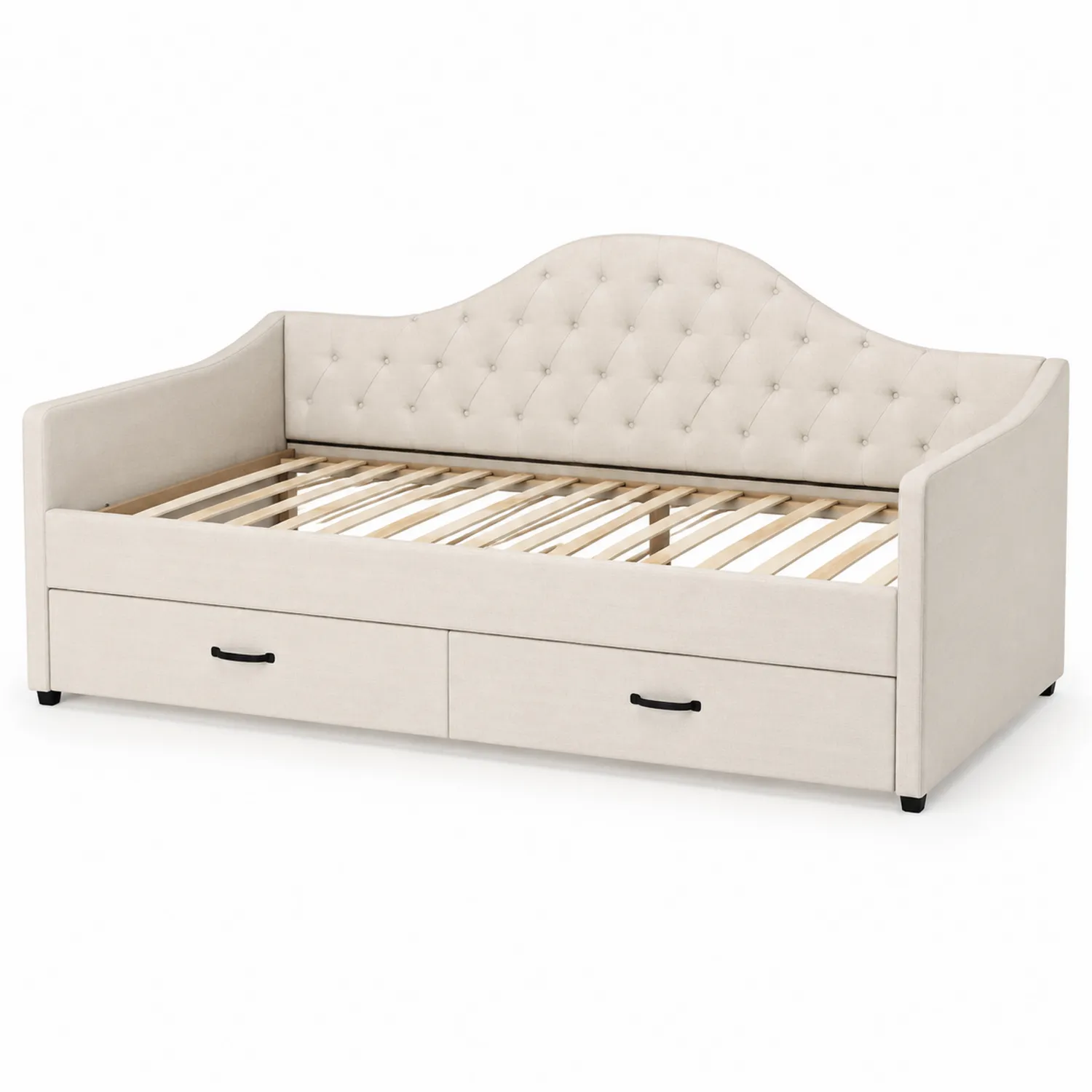 Divano Letto con Cassetti in Tessuto e Legno Beige