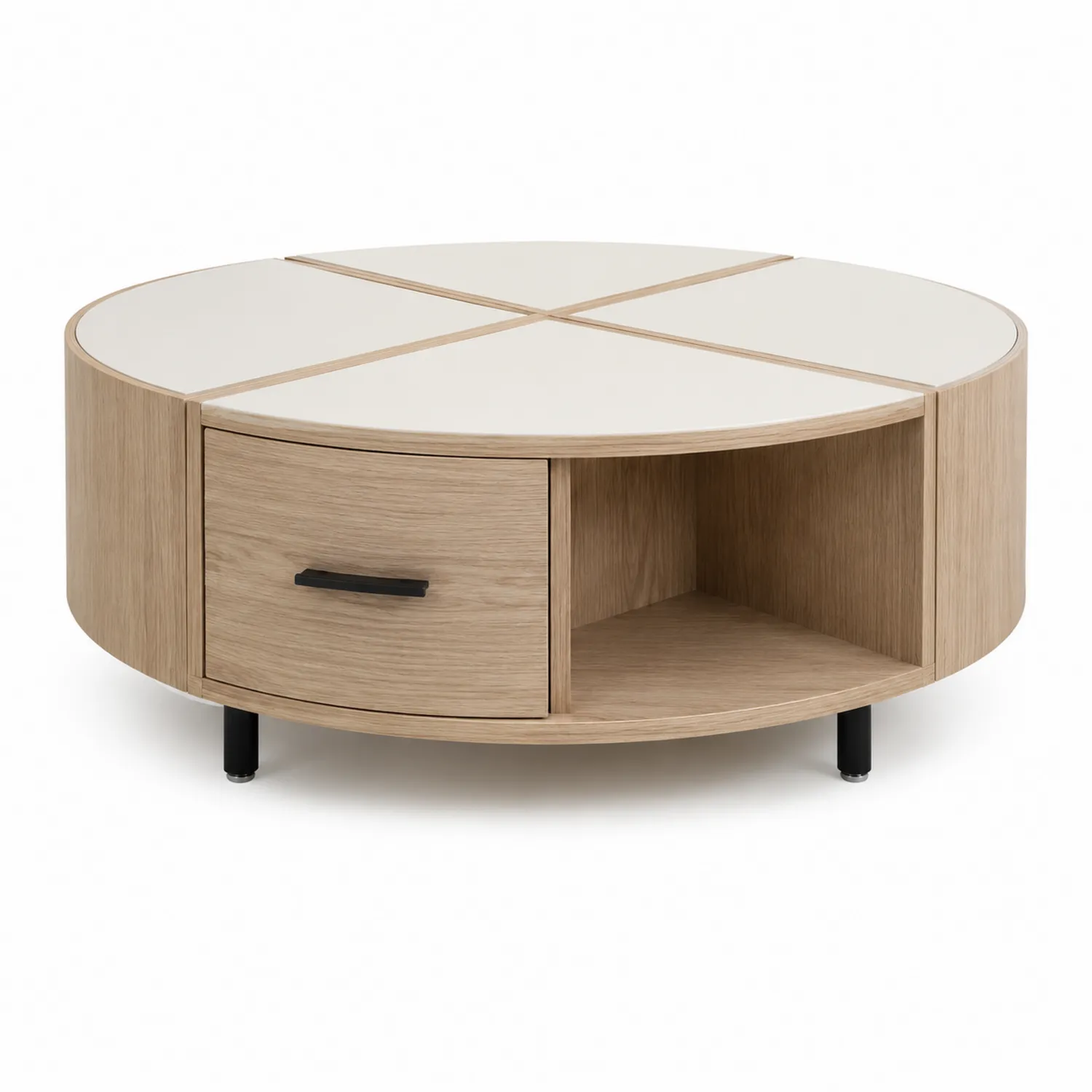 Tavolino da caffè rotondo con cassetto e ripiano in legno e metallo Ø80 cm