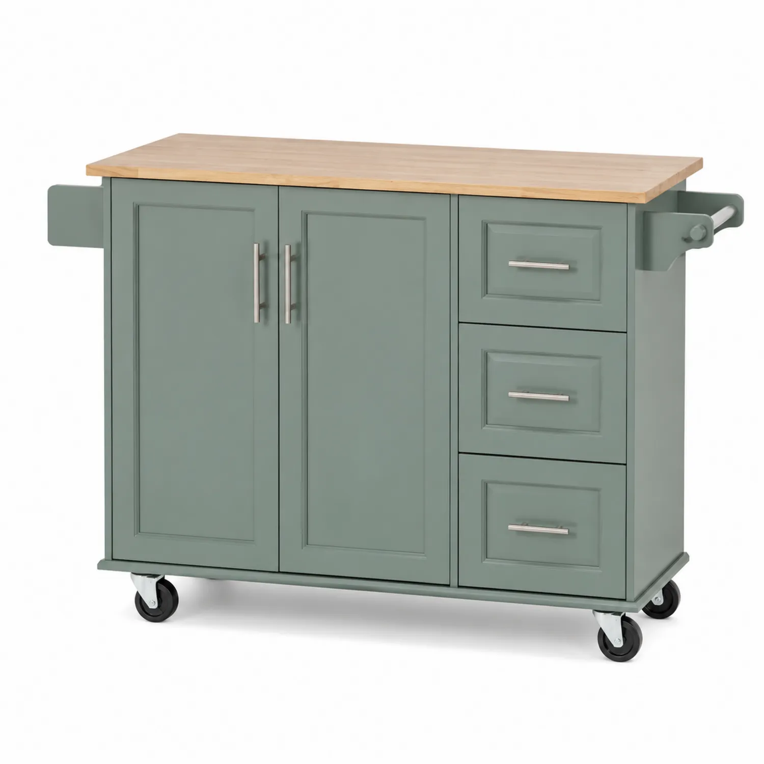 Carrello da cucina verde con top in legno di pino e ruote