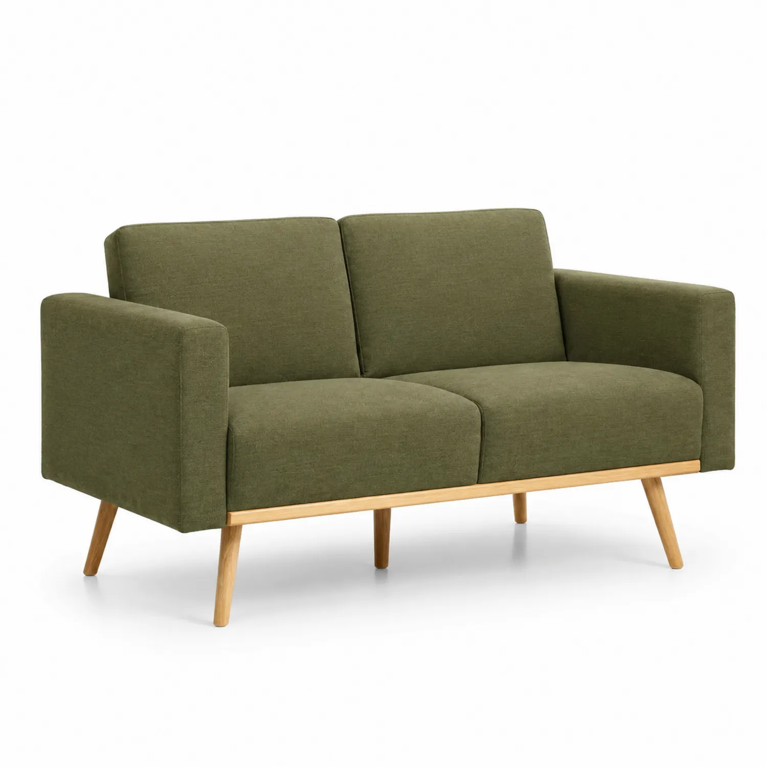 Divano in tessuto verde oliva con gambe in legno