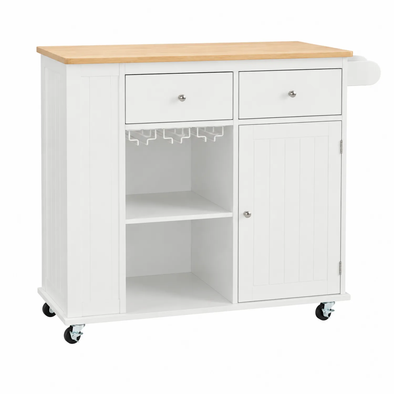Carrello cucina in MDF bianco con piano in legno e rotelle