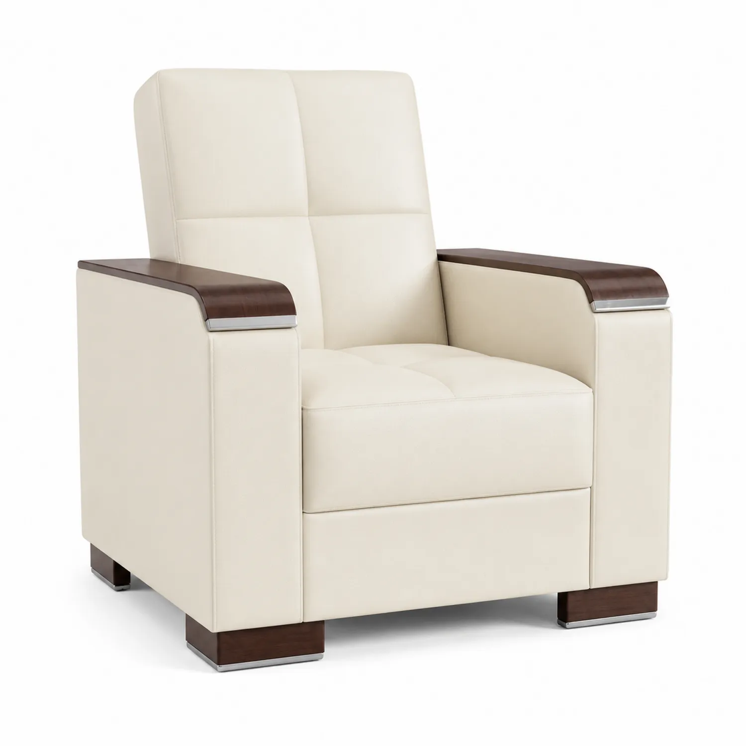 Poltrona in Pelle Sintetica Beige con Braccioli in Legno, 85cm x 75cm x 85cm