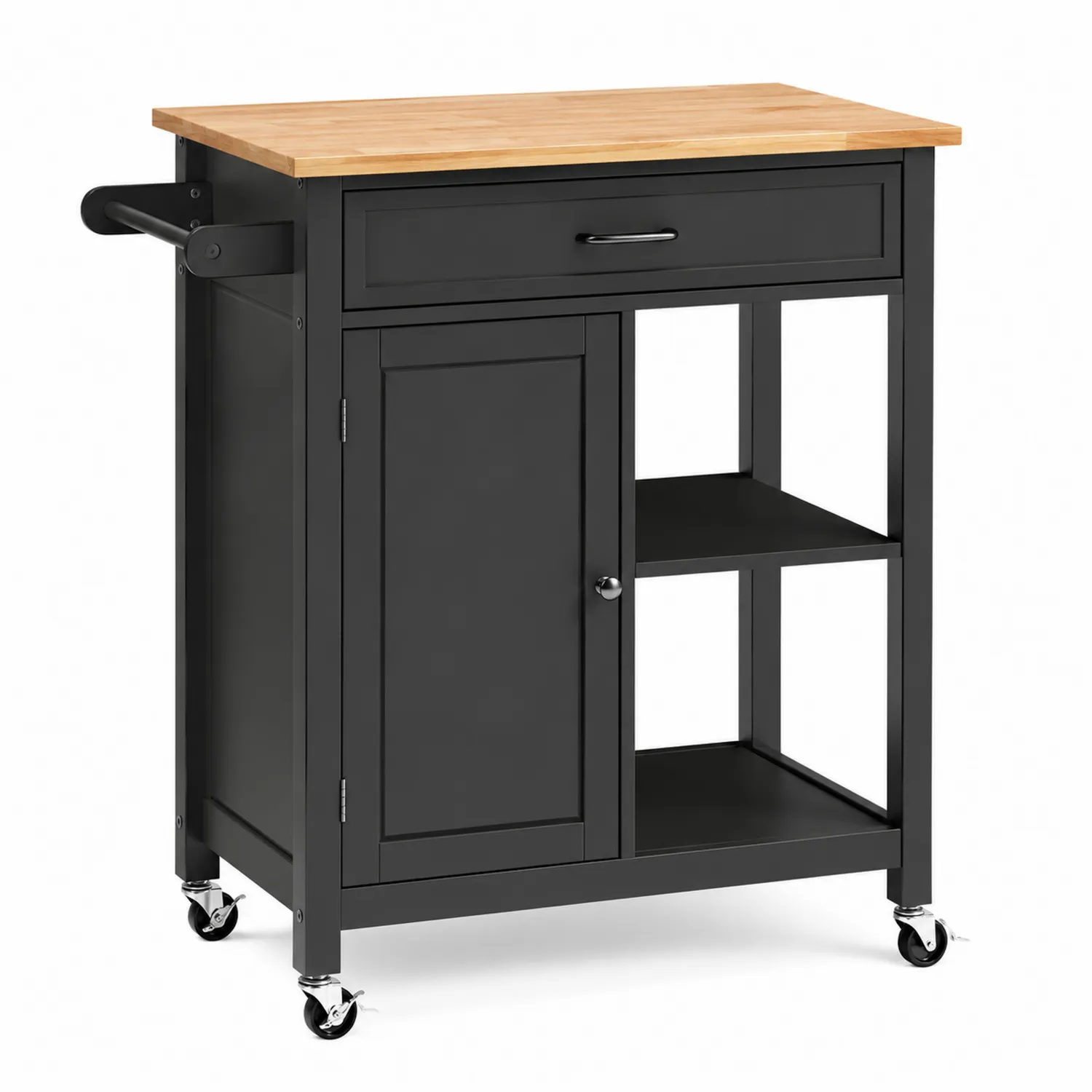Carrello cucina con piano in legno e struttura in metallo nero