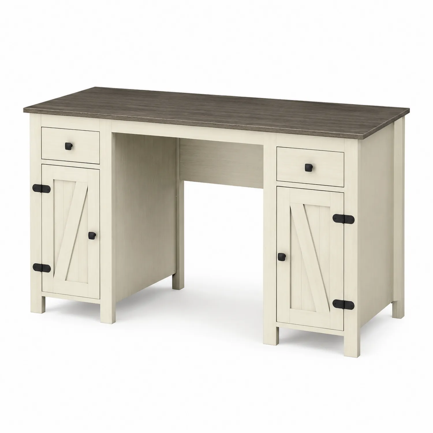Scrivania rettangolare in legno e laminato con due cassetti e due sportelli