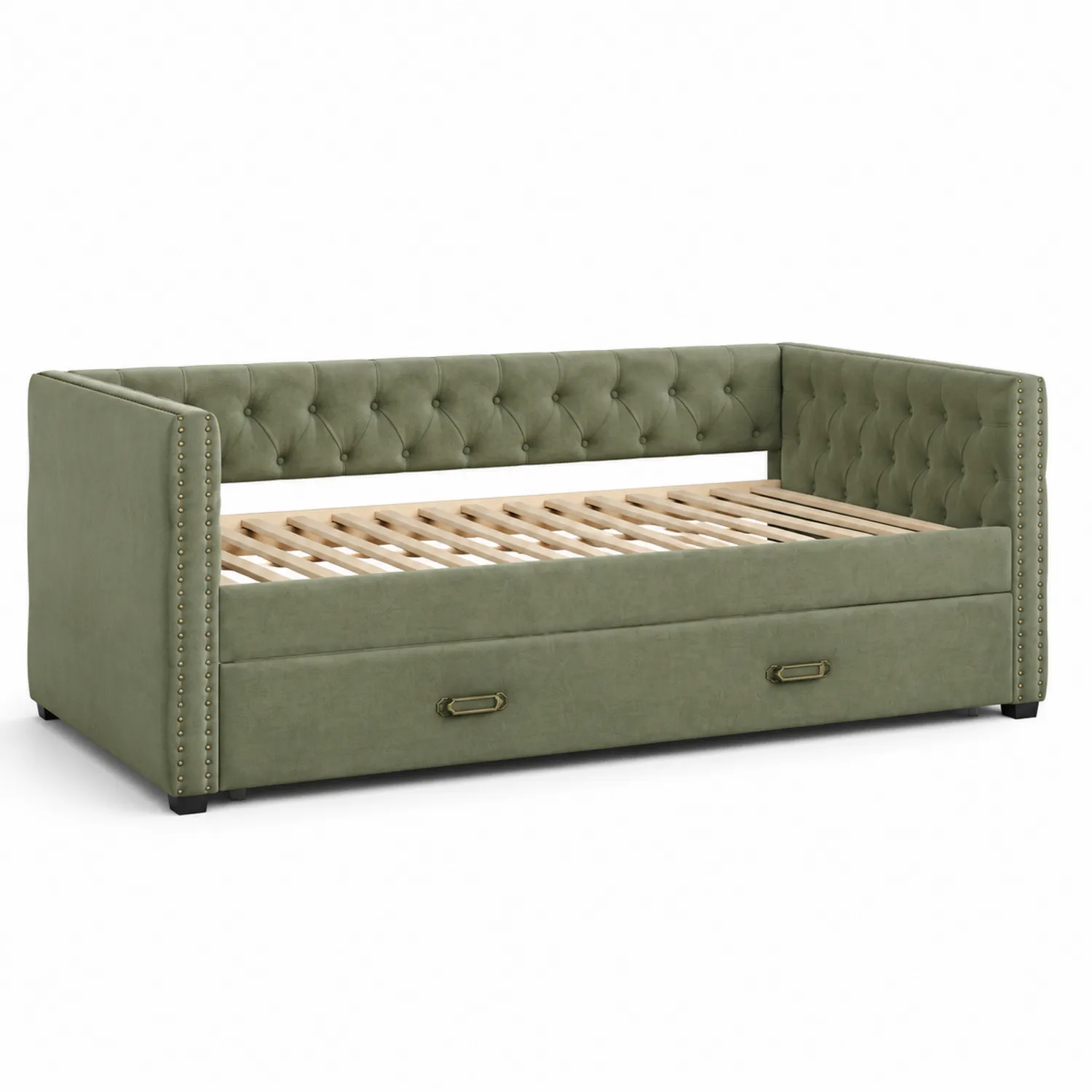 Divano Letto in Legno e Tessuto Verde con Cassetto