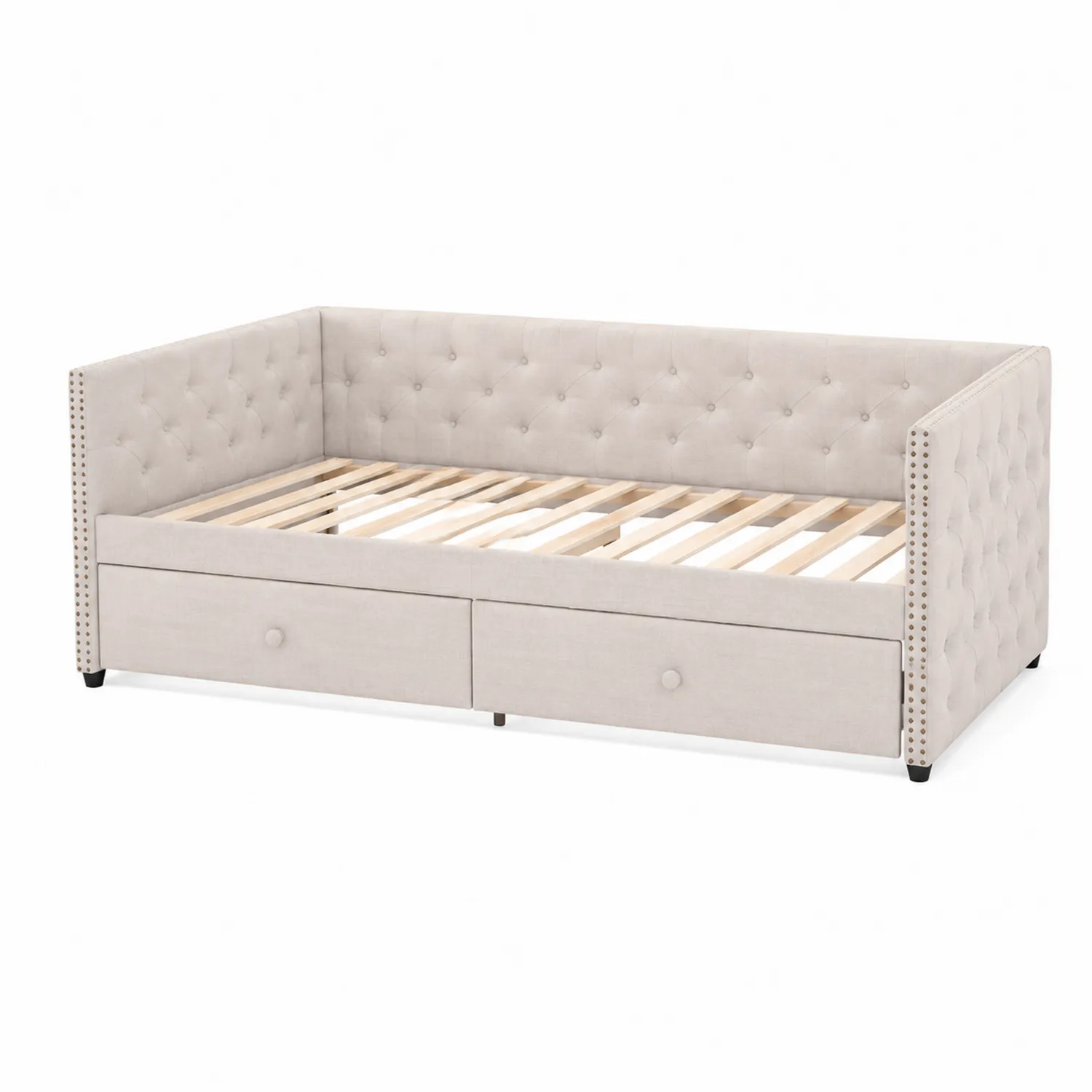 Divano Letto in Tessuto Beige con Cassetti