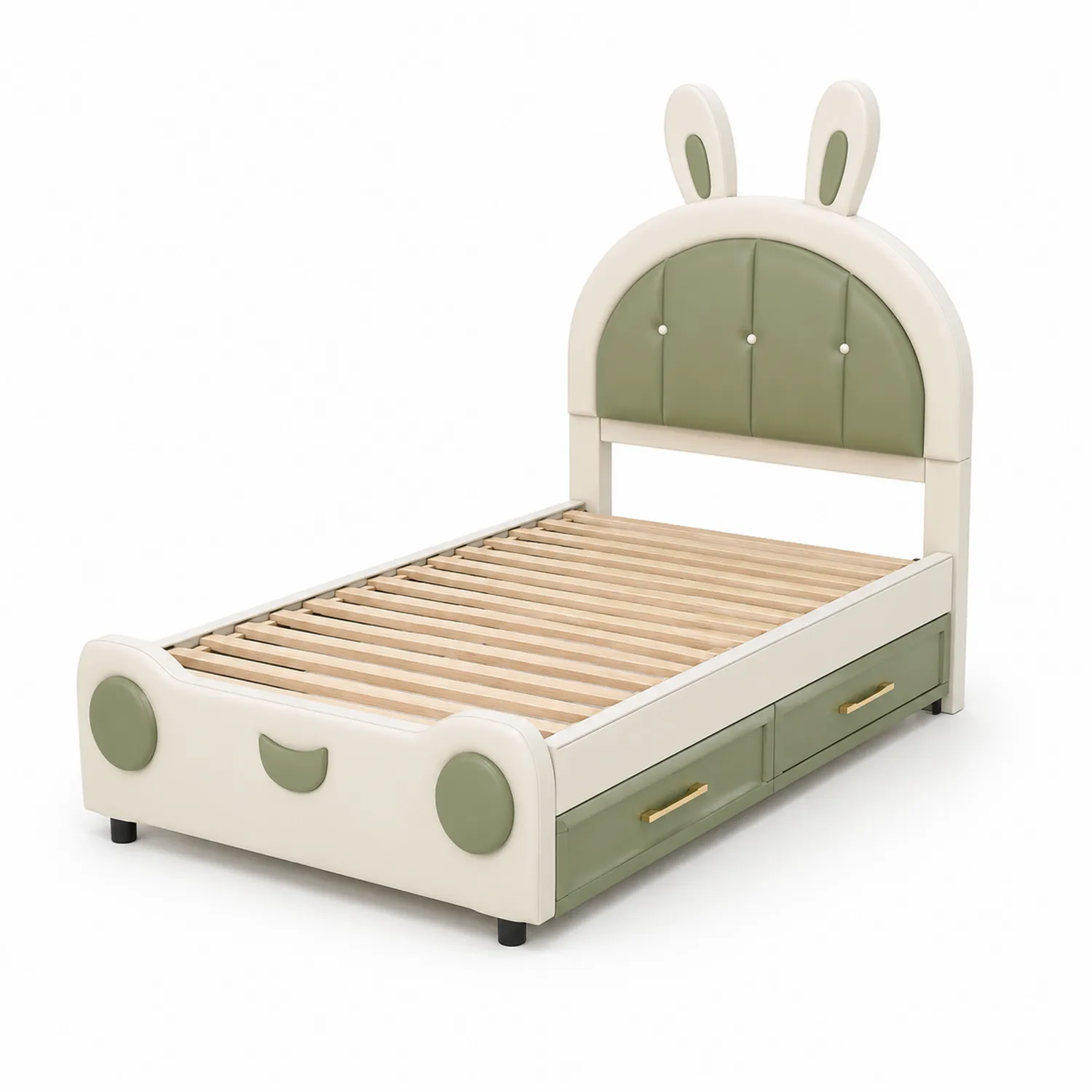 Letto per bambini in legno e ecopelle bianco e verde con cassetti