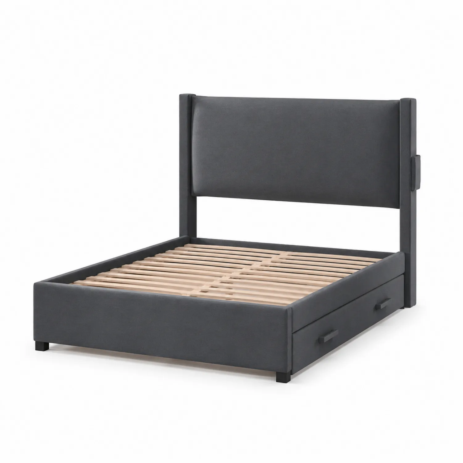 Letto matrimoniale in tessuto grigio con cassetti 160x200 cm