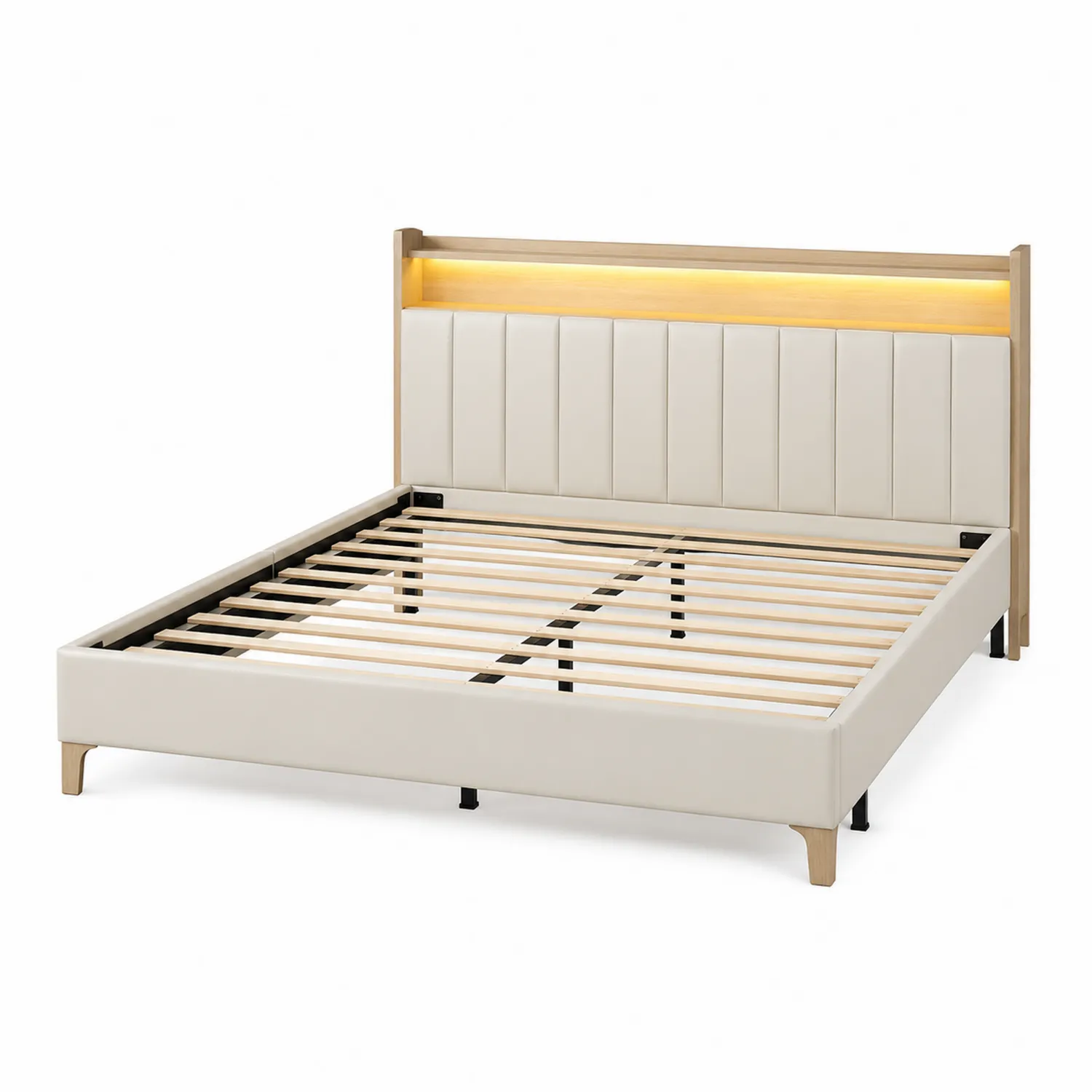 Letto matrimoniale in legno e ecopelle con LED crema 200x160 cm