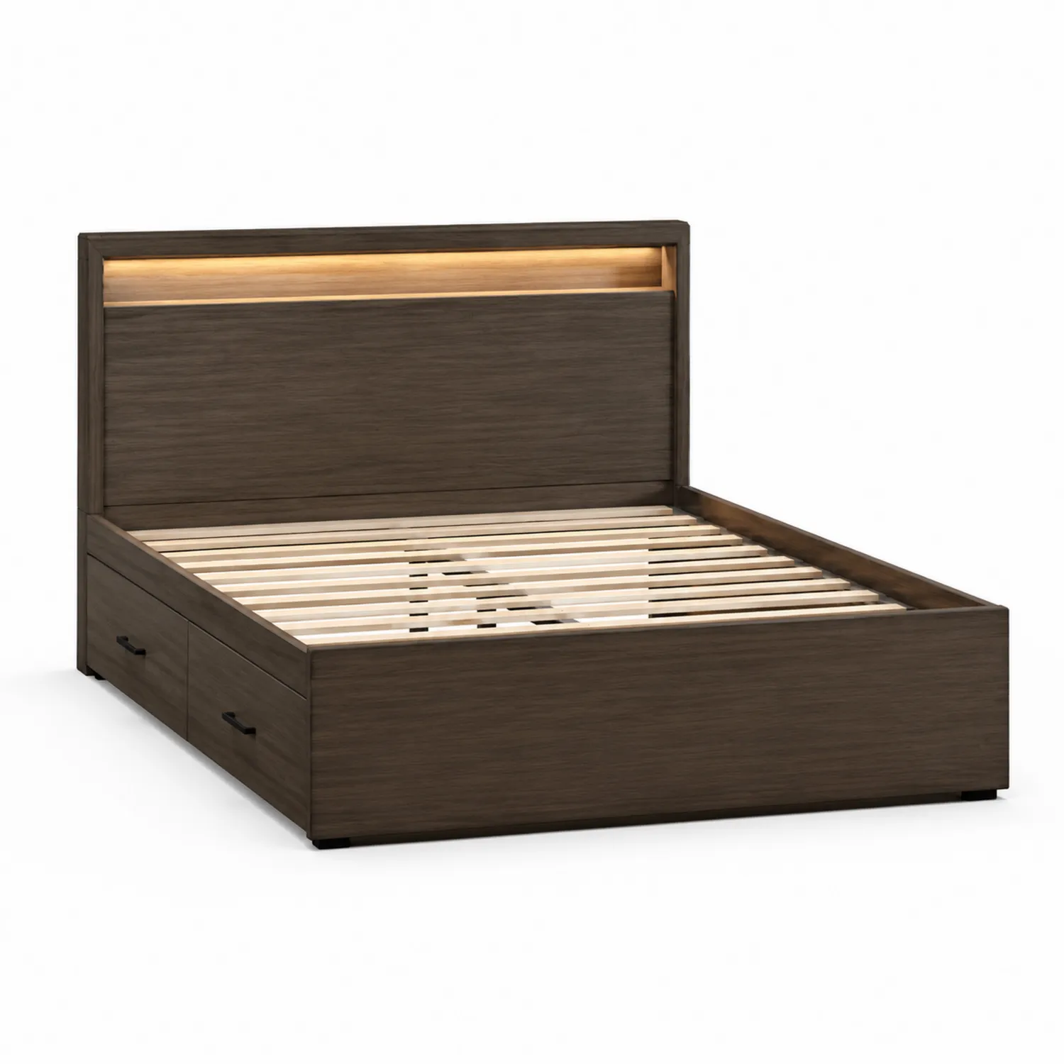 Letto matrimoniale in legno con testiera illuminata e cassetti