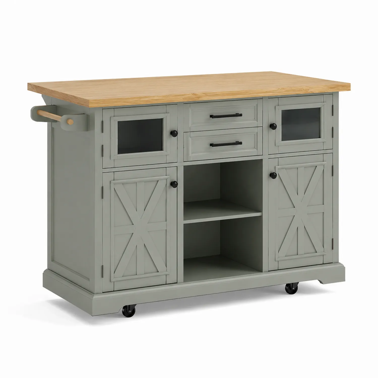 Isola da Cucina in Legno Massello Grigio con Piano in Acero