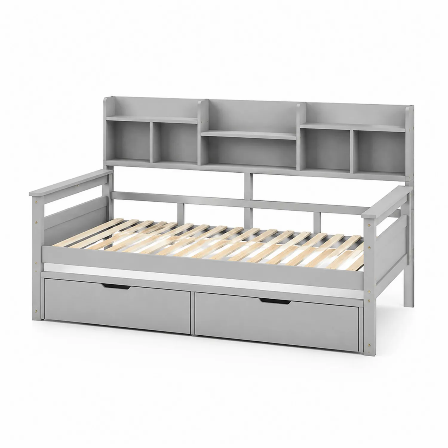 Daybed multifunzionale in legno massello grigio con scaffali e cassetti, 200 cm