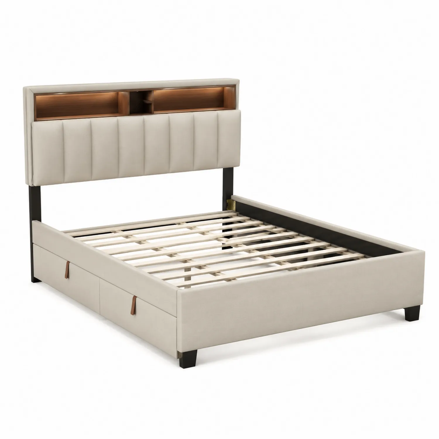 Letto in ecopelle beige con cassetti e testiera con scaffali