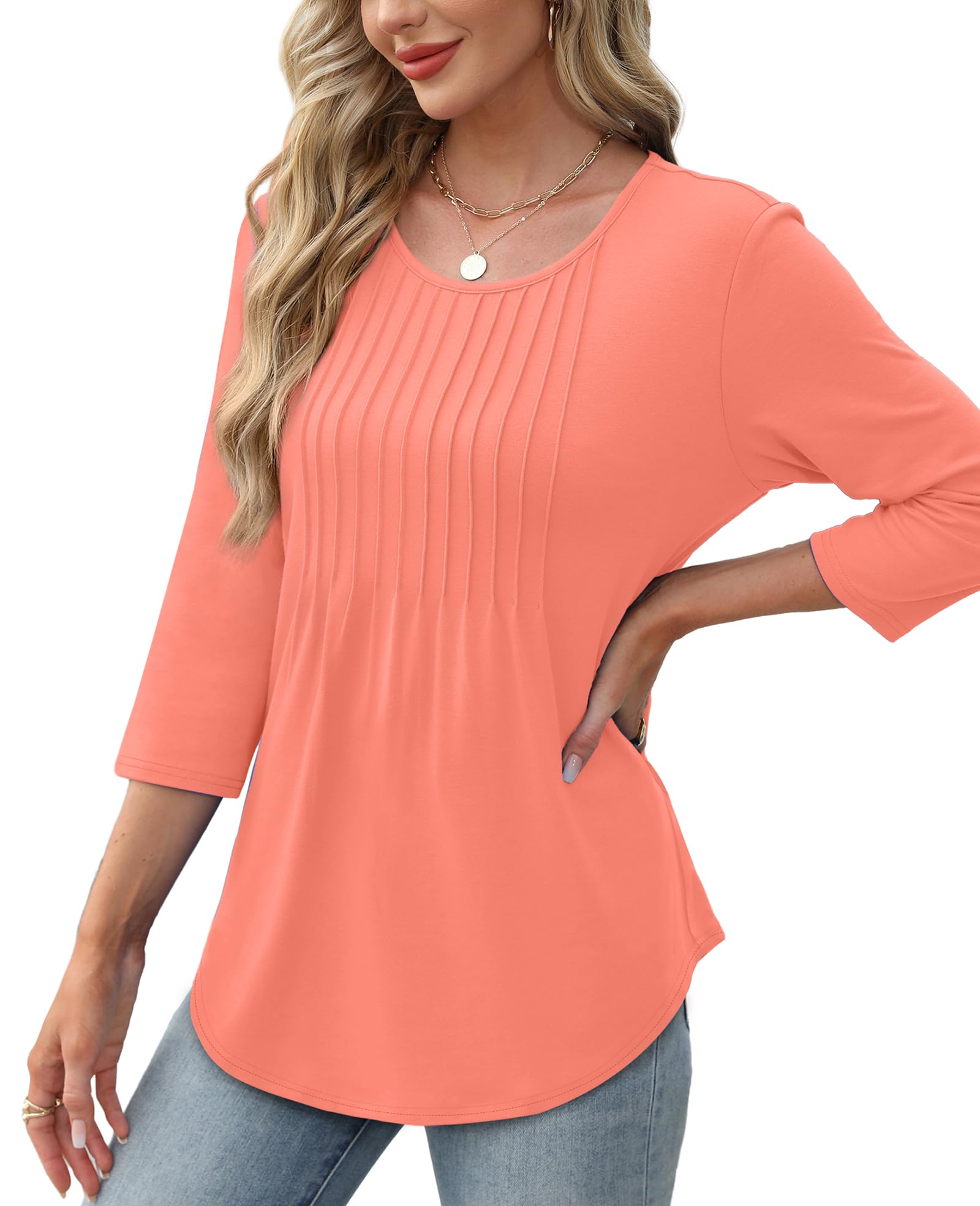 Women's 3/4 Length SleeveCrewneck Casual Pleated TunicTops