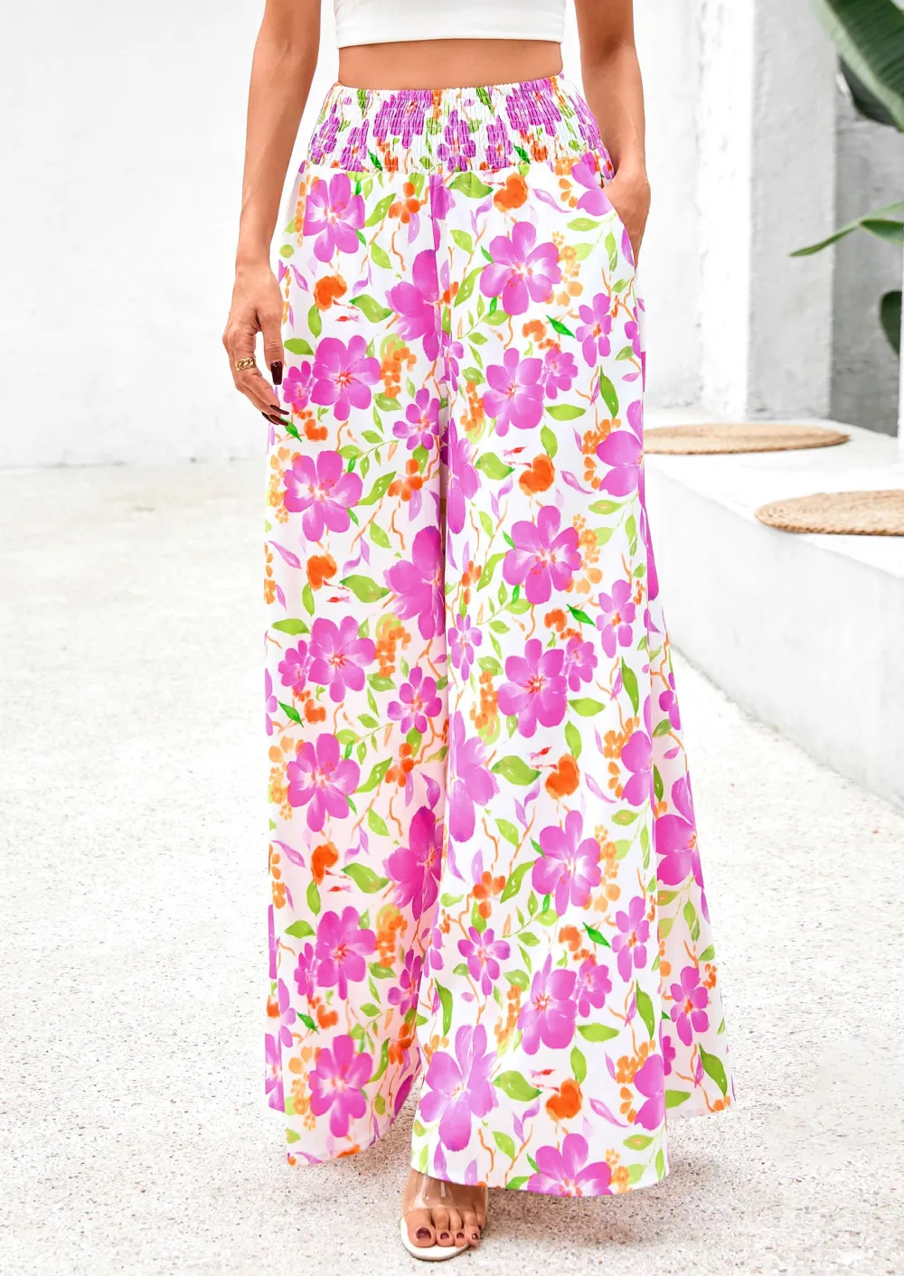 Casual Elastic High WaistedPockets Boho Beach Wide LegPalazzo Pants