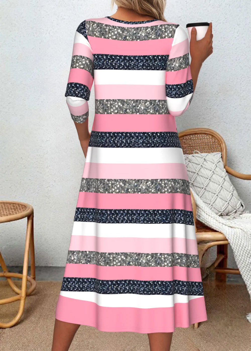 Light Blue Patchwork A Line 3/4 Sleeve Dress
