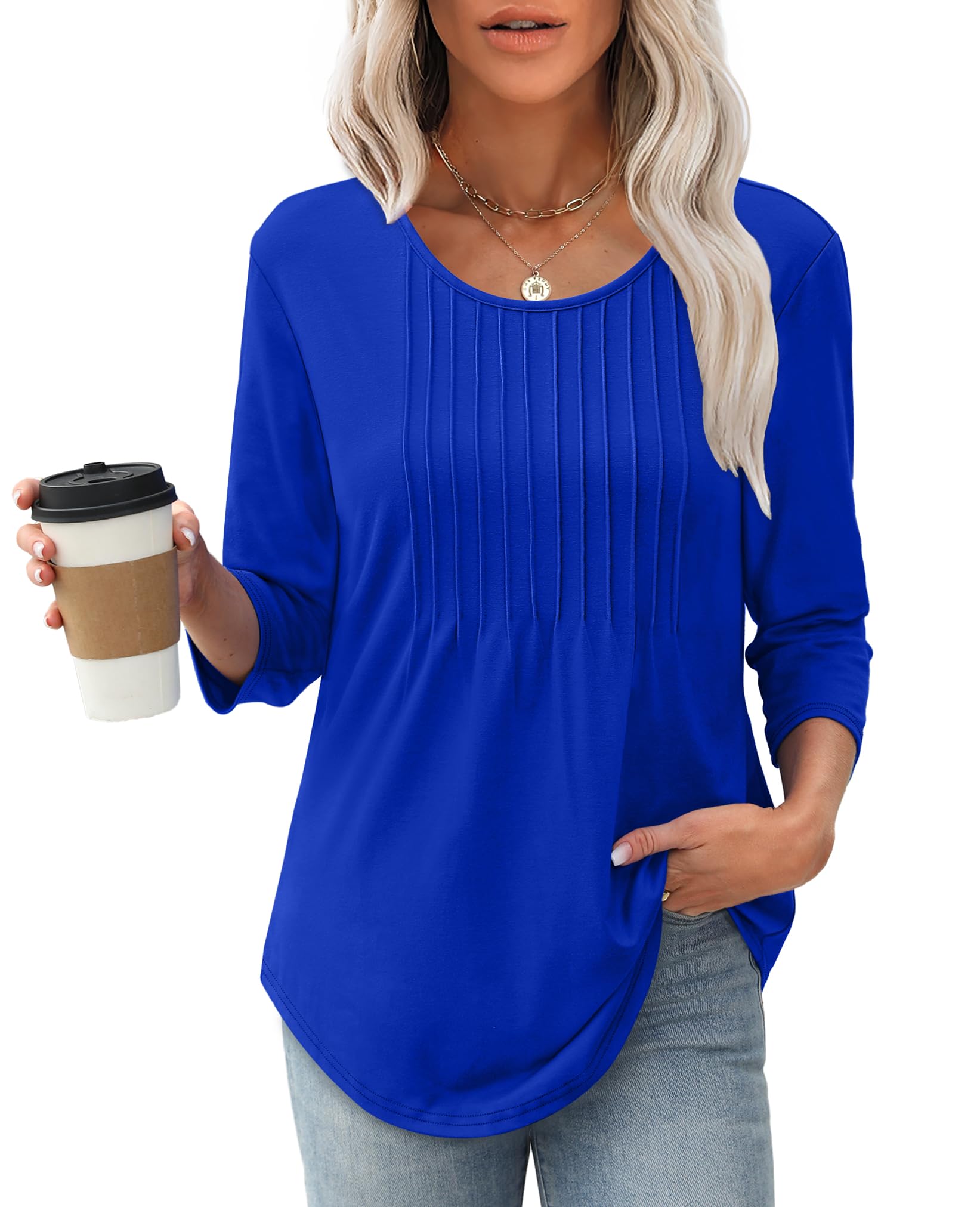 Women's 3/4 Length SleeveCrewneck Casual Pleated TunicTops