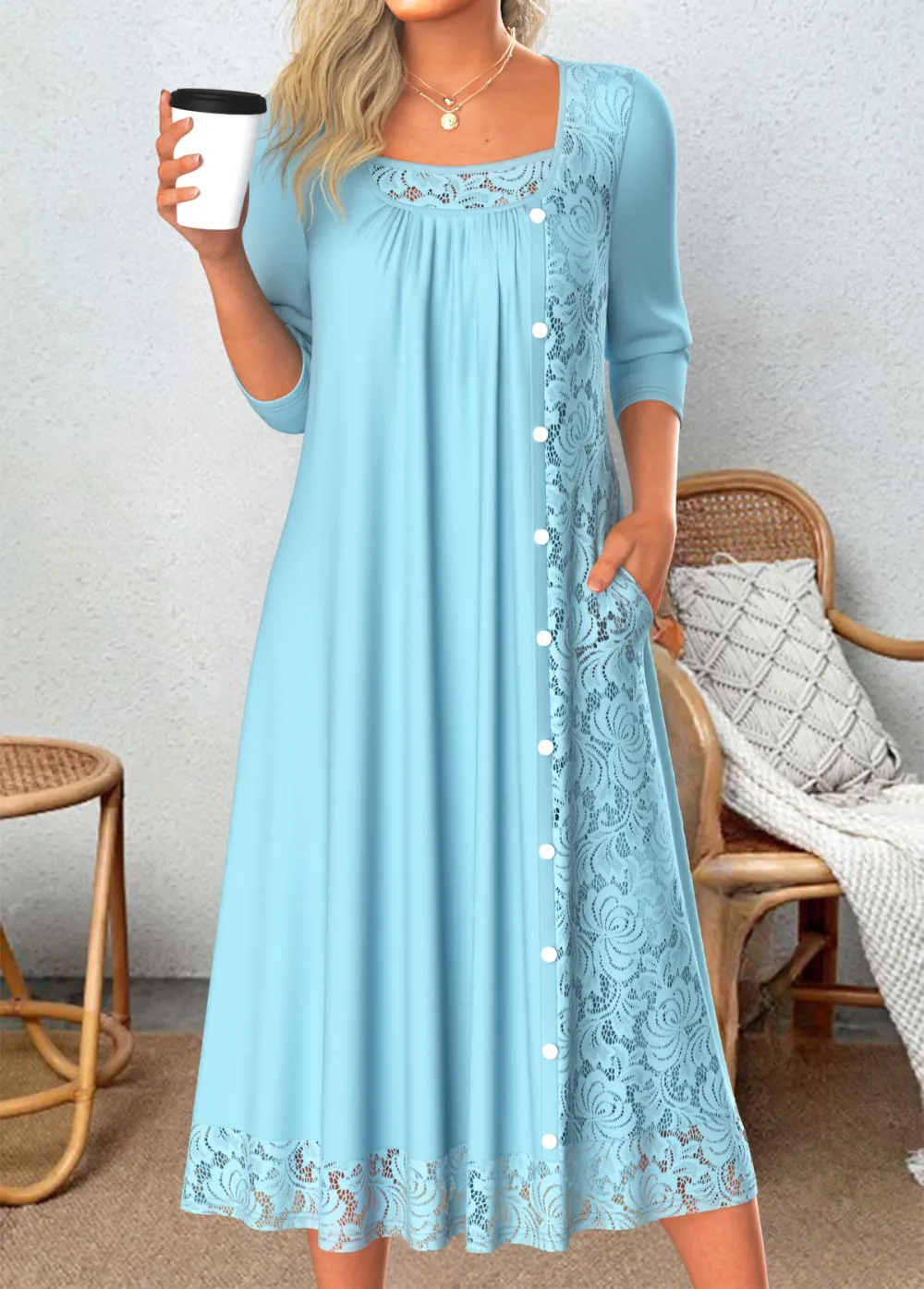 Light Blue Patchwork A Line 3/4 Sleeve Dress