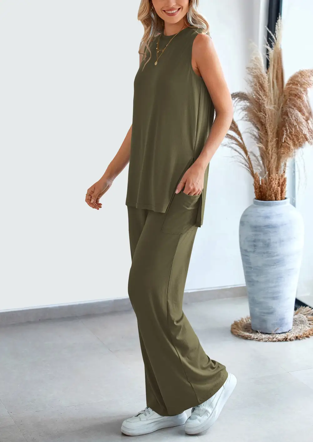 2 Piece Set LooseTank Top Wide Leg Pants CasualMatching Outfits Tracksuit